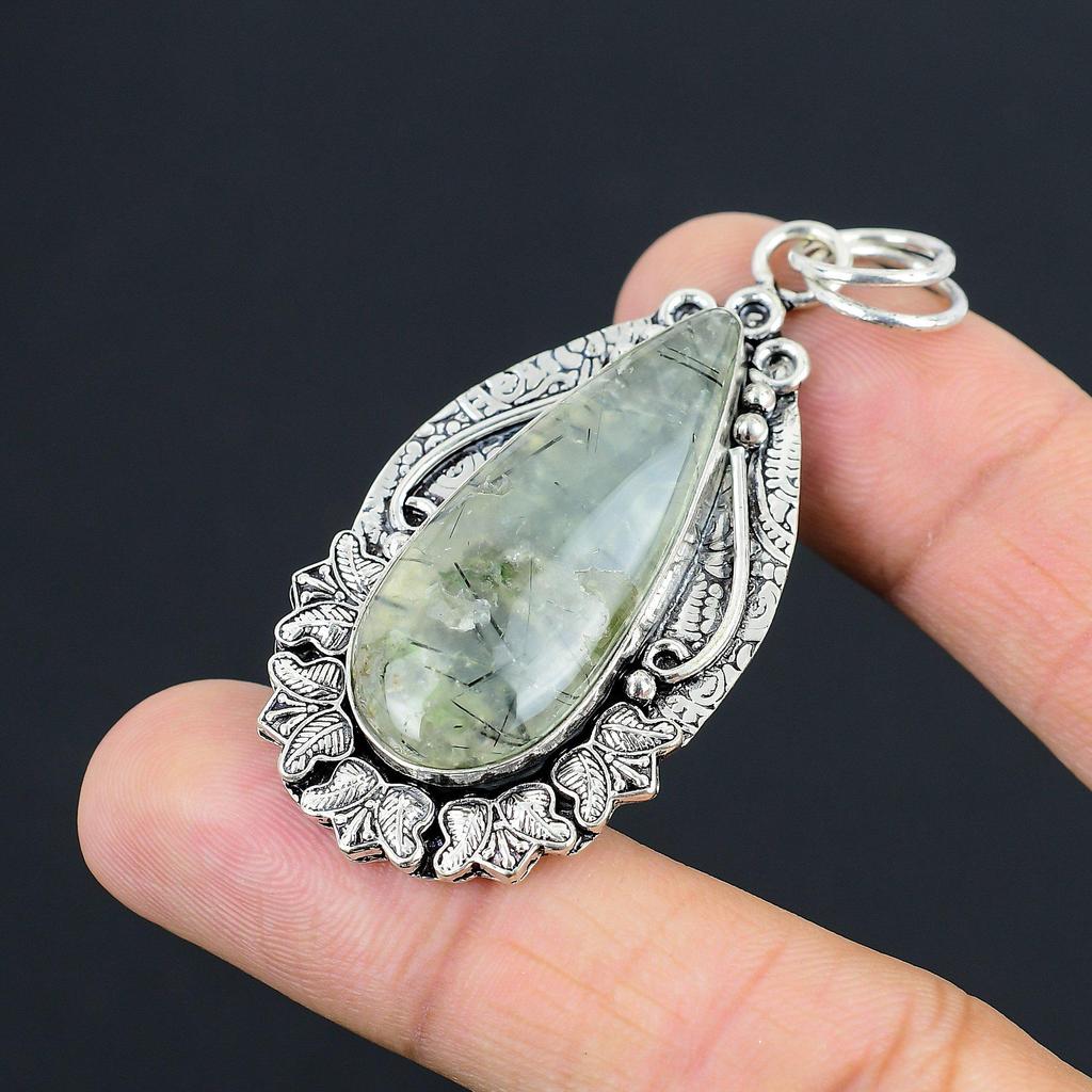 Sterling Silver Pear Moss Prehnite Gemstone Handmade Daughter Pendant Jewelry
