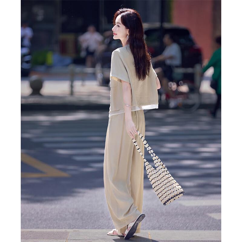 Shangjing Literary Style Pocket Blouse & Wide-Leg Pants Set