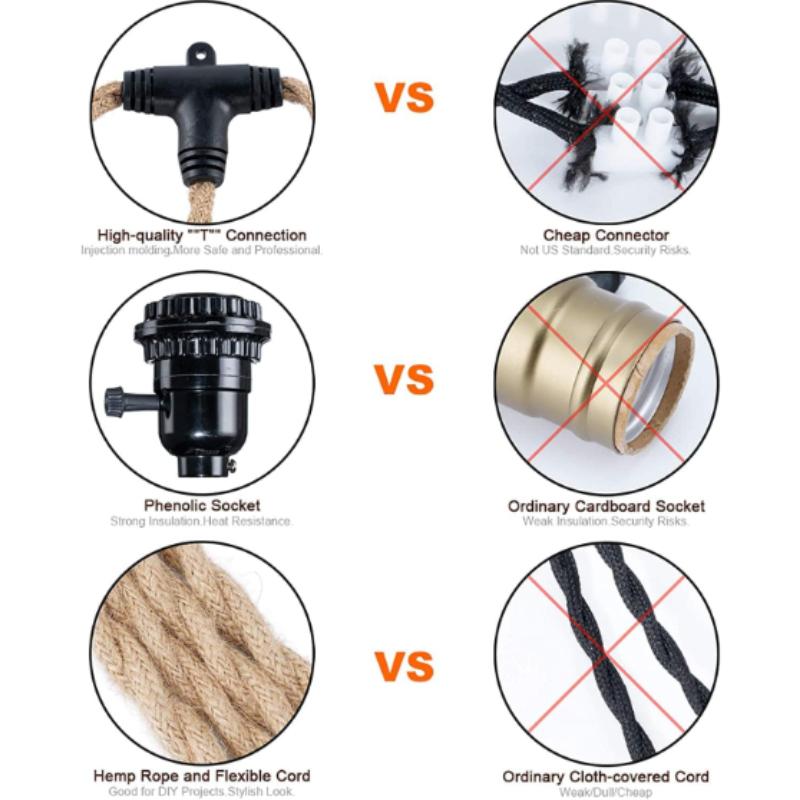 Vintage verdrehtes Hanfseil Hängeleuchten-Set mit 3 Fassungen, Stecker-Hängeleuchten-Set, Pendelleuchten-Kabel-Set-Montage mit Ein-/Ausschalter für Pendel