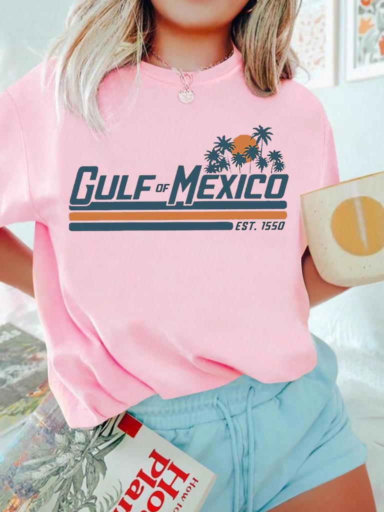 Women's French Round Neck Summer Beach Pattern T-Shirt