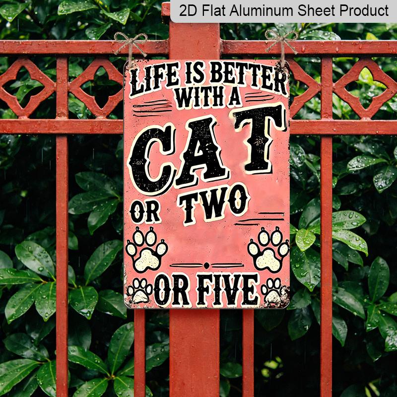 2D Flat, Vintage Metal Wall Art Sign with "Life Is Better with A Cat or Two" Quote - Rustic Distressed Pink & Black Cat Paw Print Decor for Man Cave