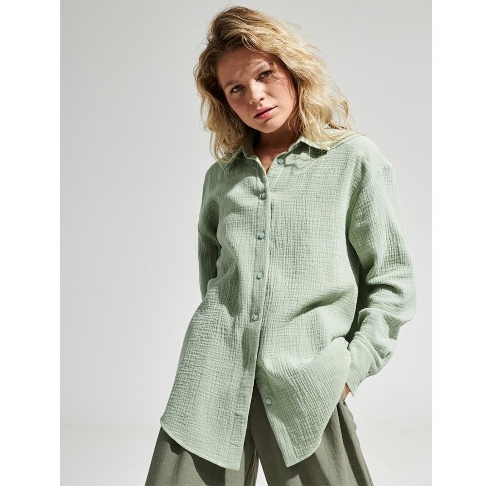 Women's Point Collar Long Sleeve Shirt Loose Fit Elegant Solid Crinkle Cotton Button Down Blouse