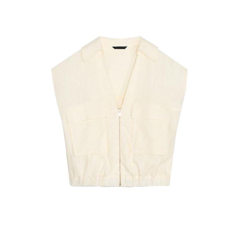 

Summer New Women clothes Casual Simplicity Lapel Sleeveless Elastic Hem Linen Blend Top 3314709 raw white L