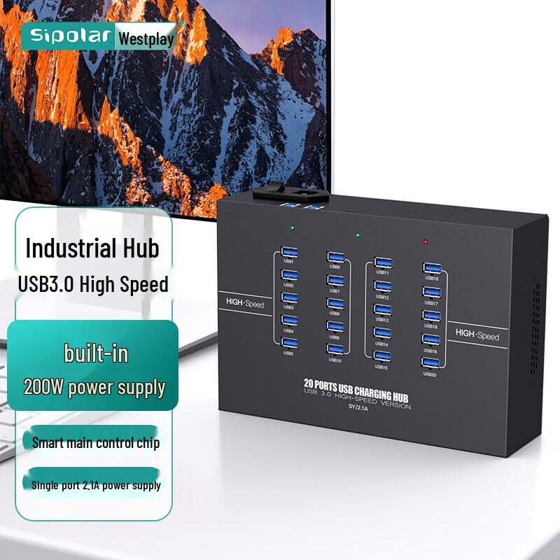 SIPOLAR Industrial 20-Port USB 3.0 Hub with Power Adapter 1.4M Data Cable
