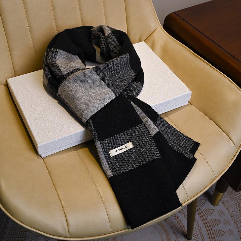 Knitted Scarf Men's Autumn and Winter Pure Wool Plaid Scarf Business Versatile Warm Scarf Boyfriend