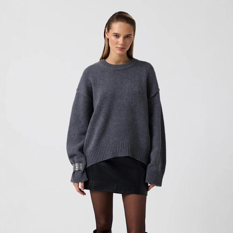 VEZFAA Women's Fashion Casual Fall Winter Solid Color Print Long Sleeve O-Neck Sweaters