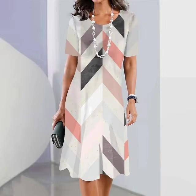 Women Round Neck Short Sleeve 3d Print T-shirt Dress Midi Length Summer Beach Wear