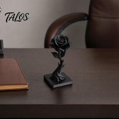 Talos 3D Printed Black Rose Statue Ornament, Gothic Dark Style Figurine, Artistic Flame Base Flower Decor, Exquisite Decoration for Home Office