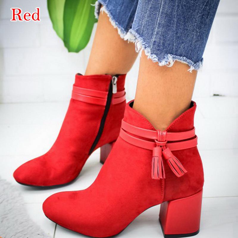2024 Red Tassel Ankle Shoes  Women's Shoes Single Boots Autumn Winter Pointed Toe Thick With Short Boots 968