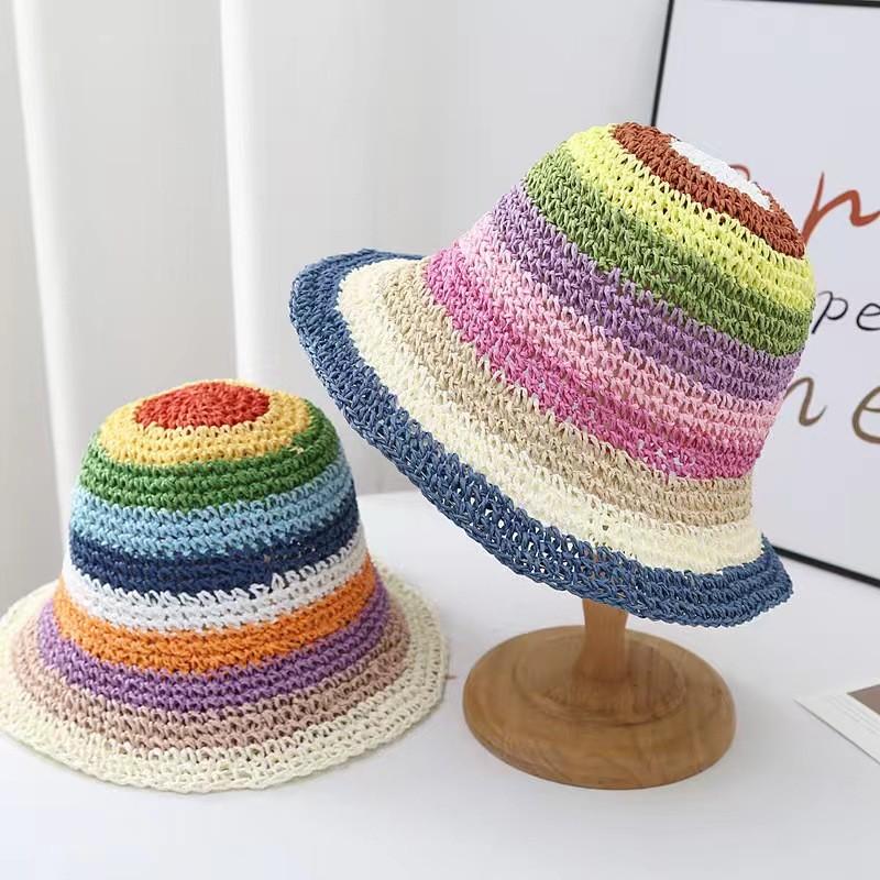 Cappello di Paglia Estivo Coreano con Arcobaleno Fatto a Mano a Falda Larga Protezione Solare per Vacanza al Mare