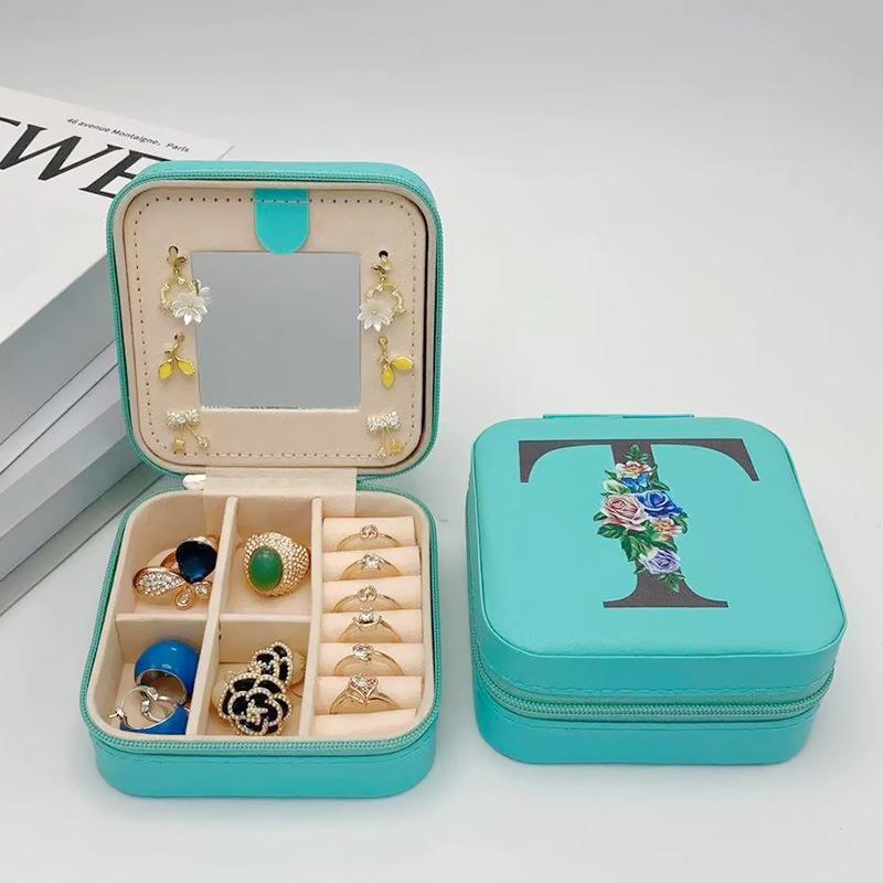 PU Leather Jewelry Box Mirror Storage Box 26 Letter Printed Portable Jewelry Organizer Earring Ring Necklace Case