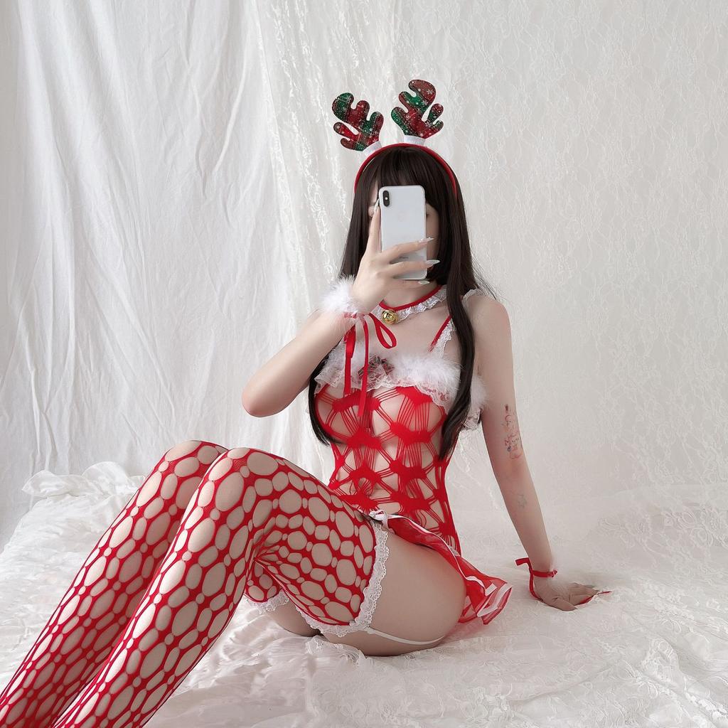 New Year's Red New Sexy Lingerie Uniform Temptation Christmas Elk Plush Sexy One-Piece Net Suit