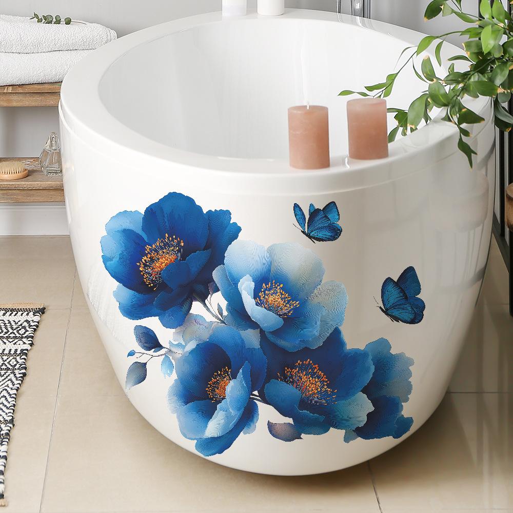 Creative and Dreamy Blue Floral Butterfly Background Wall Decoration Stickers for The Entrance Bathroom