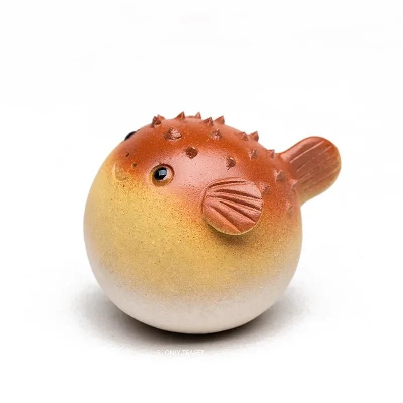 Yixing Purple Clay Tea Pet Handmade Pufferfish Statue Ornaments Animal Tea Figurine Sculpture Crafts Chinese Tea Set Decors Art