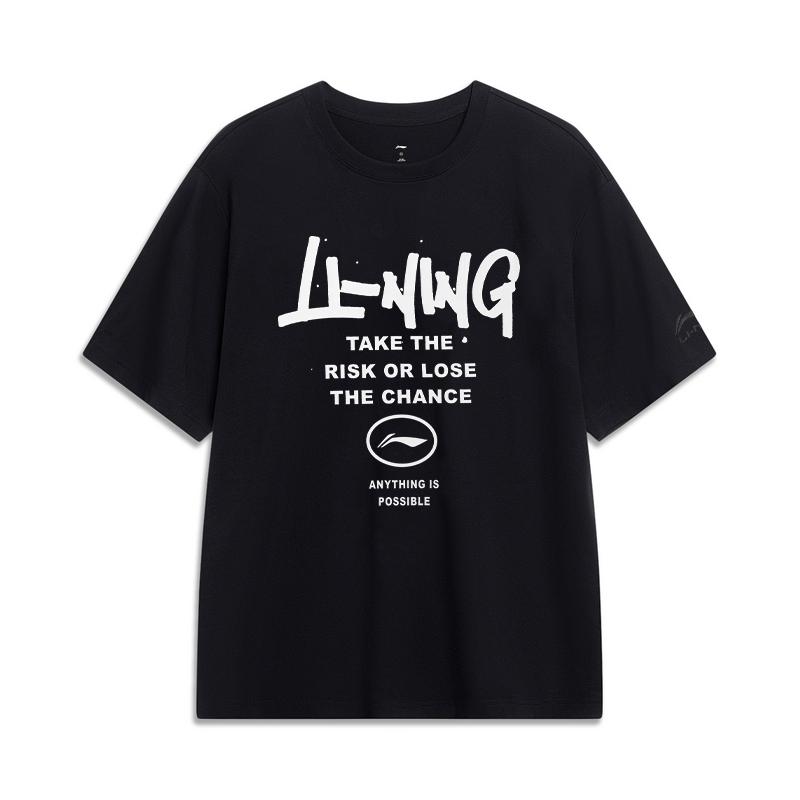 Li-Ning Sports Fashion Series Printed Letter Round Neck Comfortable Breathable Loose Short Sleeve T-Shirt Men Tops Black YHSU297-1