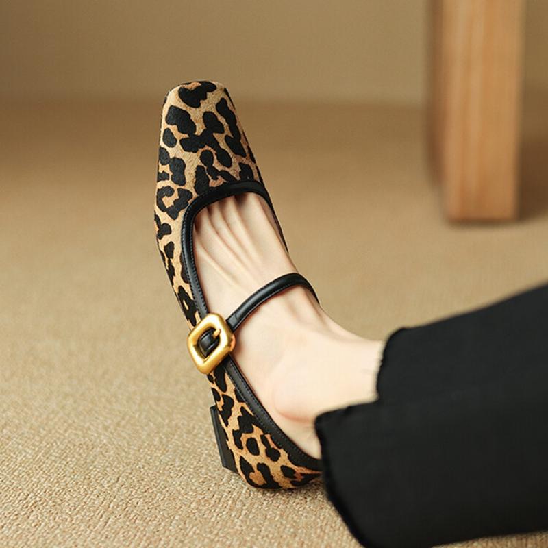 Mode NEU Frühling/Herbst Damen Pumps Eckige Zehenpartie Blockabsatz Schuhe Pferdehaar Leopard Schuhe für Damen Prägnante Hohe Absätze Schnalle Mary Janes