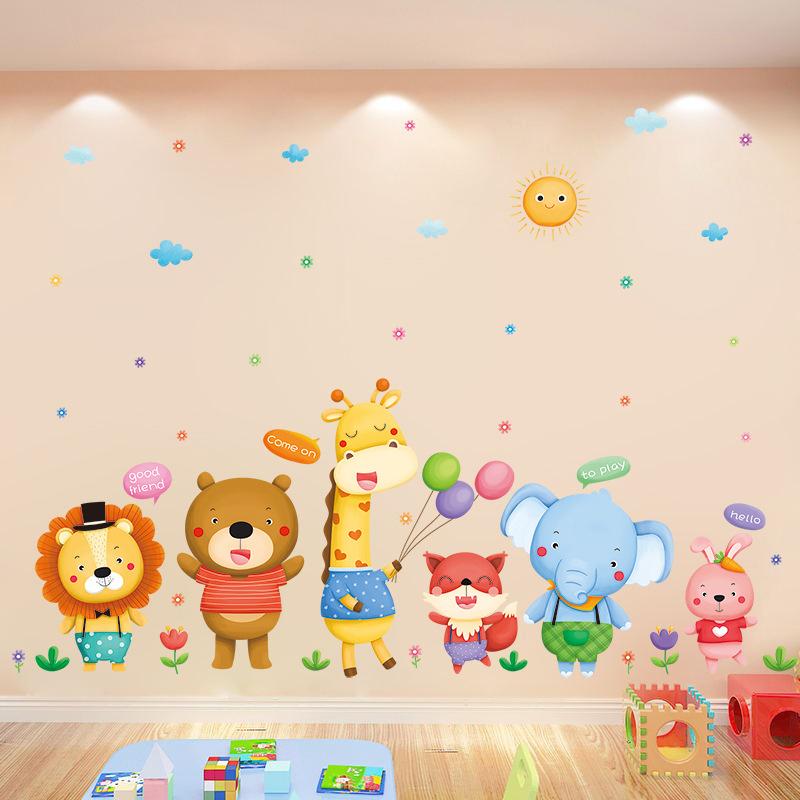 Self-Adhesive Cartoon Animal Wall Stickers for Kids Room and Kindergarten Nursery Removable Wall Decals