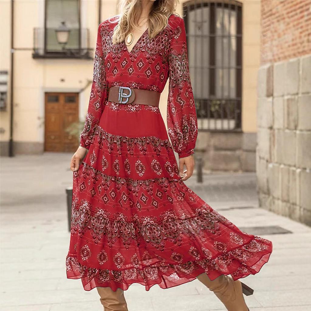 Vintage Floral Print Maxi Dress with V-Neck, Lantern Sleeves, and Layered Skirt - Blue Green & Brown Pattern
