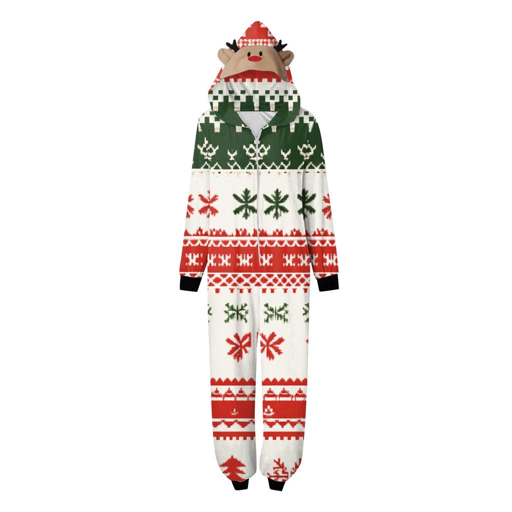 Parent Child Outfit - Christmas Print Family Matching Hooded Long Sleeved Zippered Jumpsuit Set
