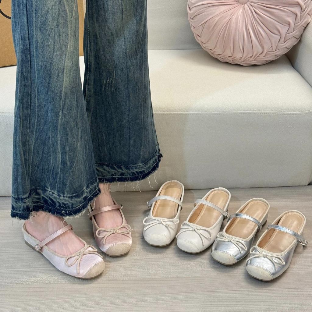 Inner Height Increase 5CM Flat Bottom Small Fragrant Wind Bag Head Half Slippers Women's 2024 New Versatile Bow Small Sandals Outer Wear