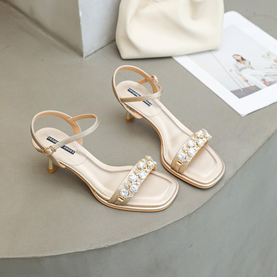 

Rhinestone thin heel open-toed sandals to prevent heel fairy wind, one-word buckle belt, absolutely high heels, square head, new summer models 39 золотой