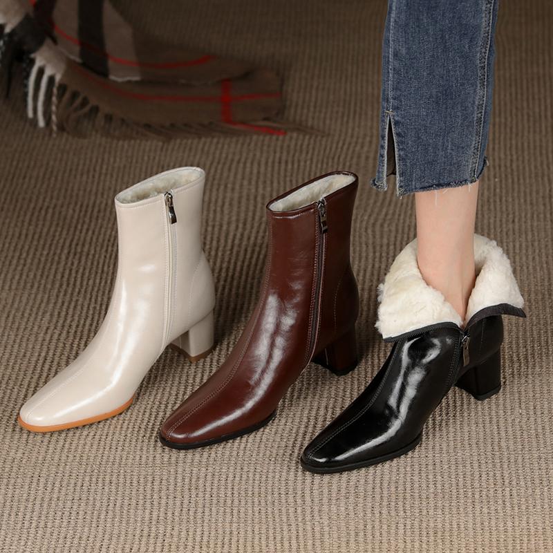 Women Winter Ankle Boots Natural Leather Cowhide Wool Full Leather Side Zip Modern Boots Warm Boots