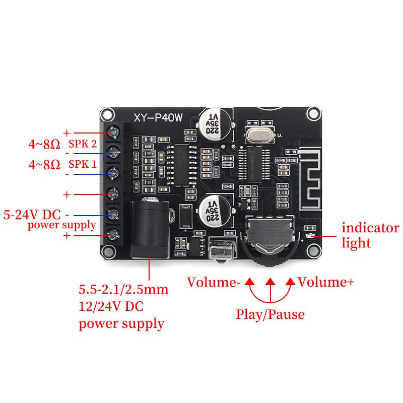XY-P40W Bluetooth 5.0 stereo audio power amplifier board 40Wx2 Bluetooth receiver DC 12/24V supply