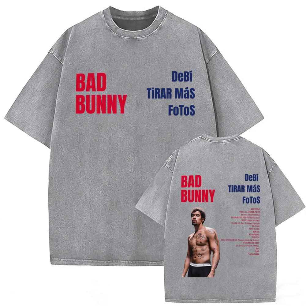 Rapper Bad Bunny Vintage Acid Washed T Shirts Debi Tirar Mas Fotos DTMF Tshirts Men Women Hip Hop Fashion High Quality Tshirt
