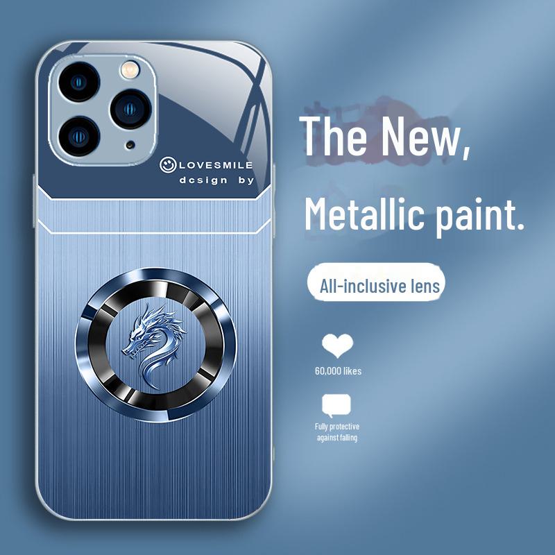 Luxuriöse Ringhülle mit Drachenkopf und Holzmaserung für iPhone 12 Pro, 11, XR, XS, 8, 7. Trendiges Nationaldesign mit doppelten Linienakzenten.