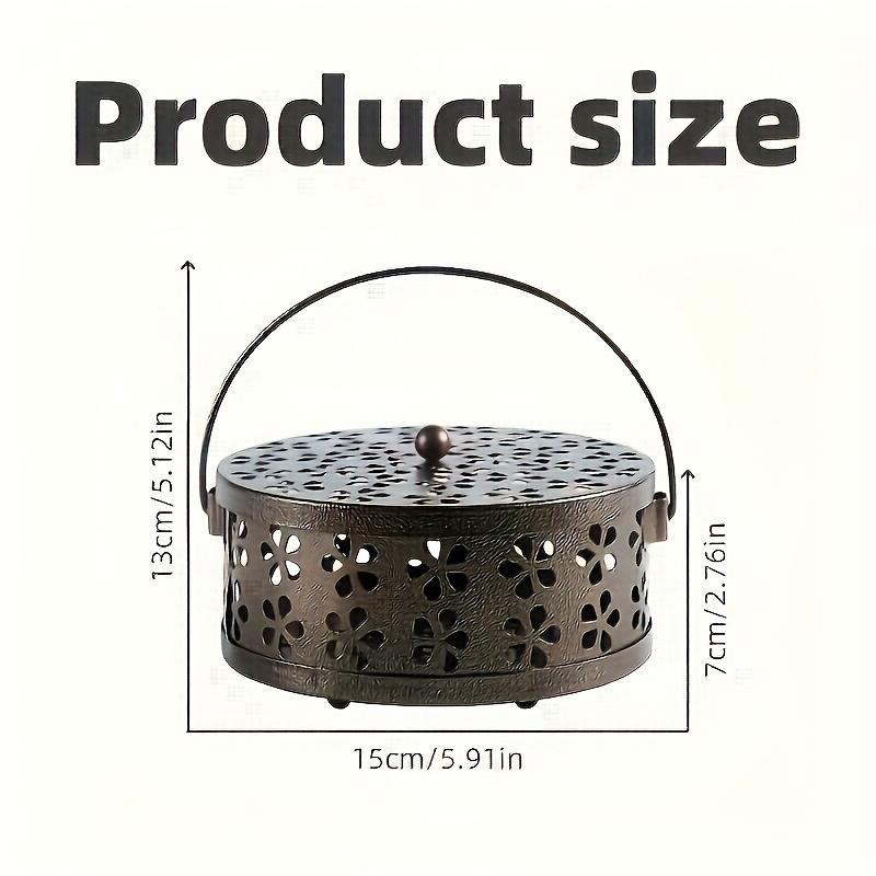 Vintage Metal Mosquito Coil Holder with Handle Portable Iron Incense Burner, Decorative Cut Out Patterns, No Batteries Needed for Home Outdoor Use
