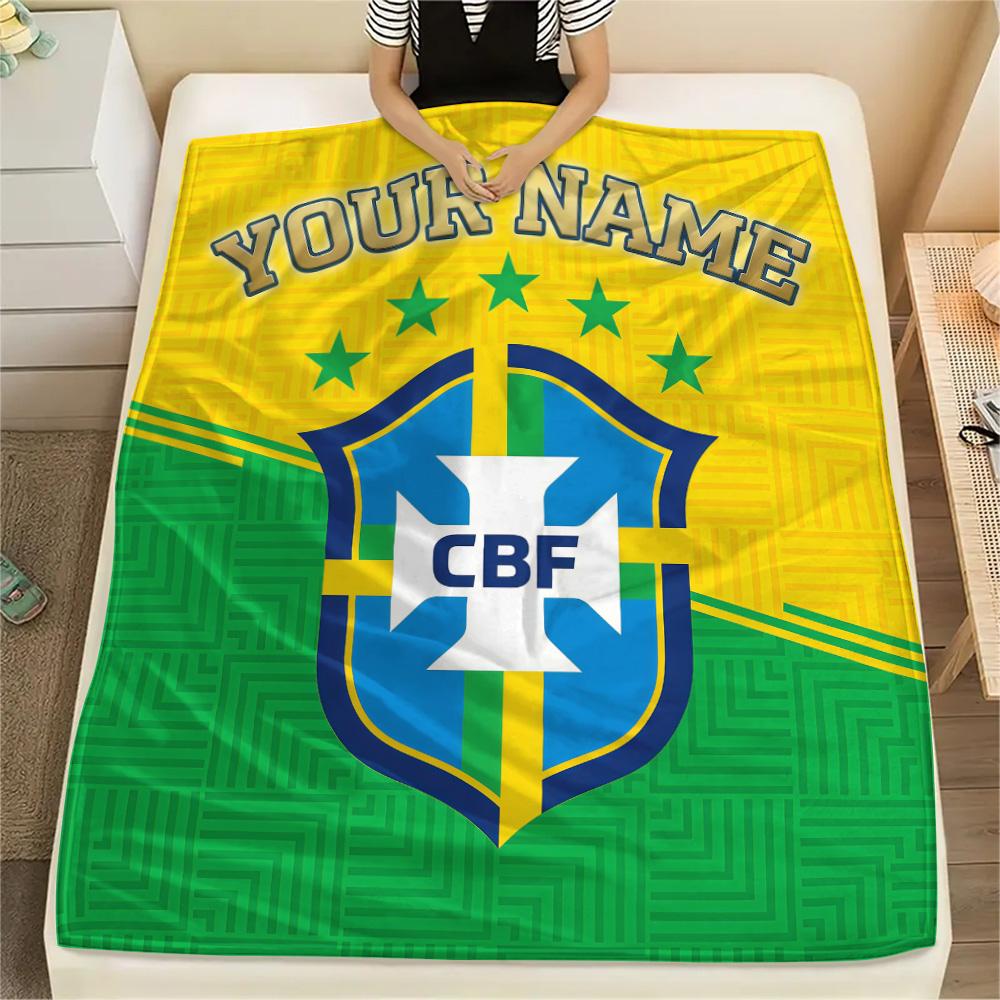 Custom Name Brazil Football Confederation Flannel Blanket, High quality Comfortable for All Seasons, Home Decor, Warmth and Comfort