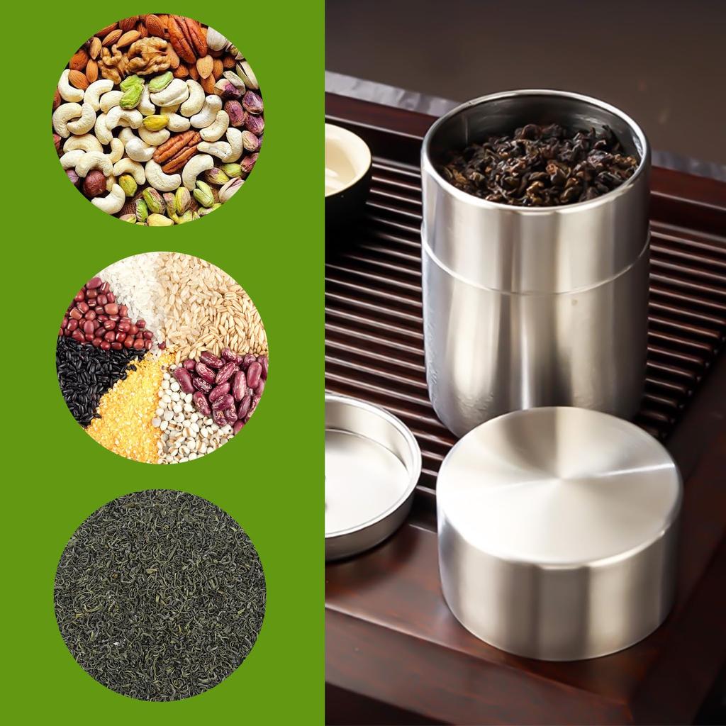 LILIWER Tea Caddy, Tea Canister, Tea Storage Container, 304 Stainless Steel Tea Canister with Double Lid Design for Superior Airtightness, Light