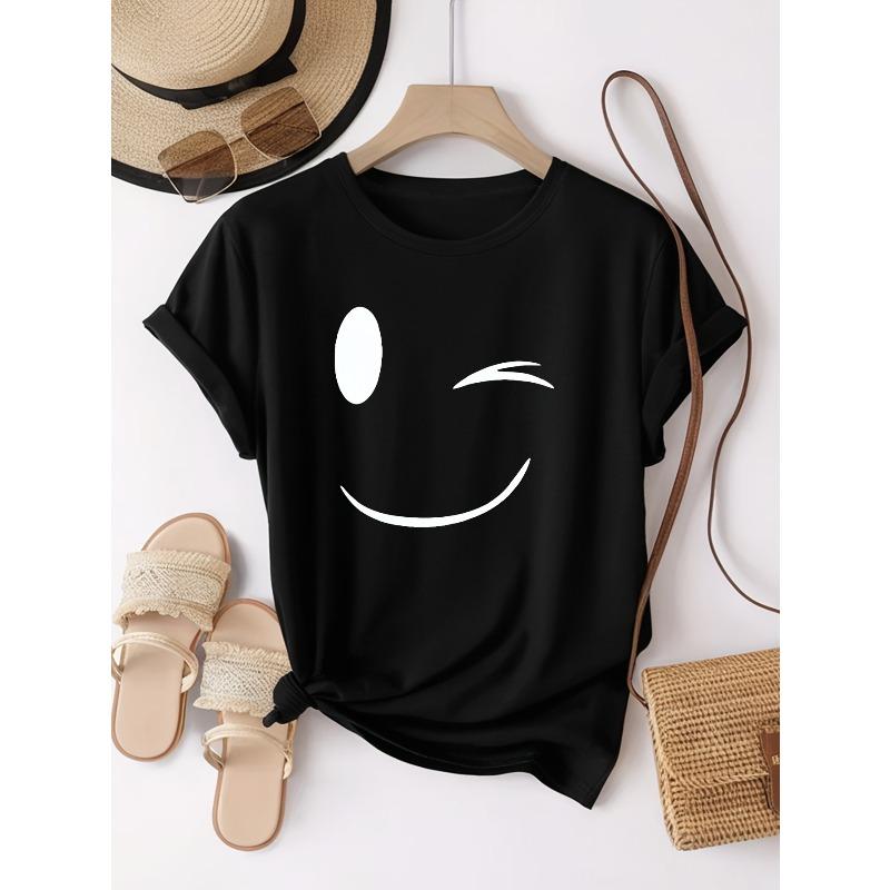 

European Size Women S Casual Short Sleeve T-Shirt with joyful Face Print - Soft Polyester Blend, Round Neck, Summer Essential 4XL