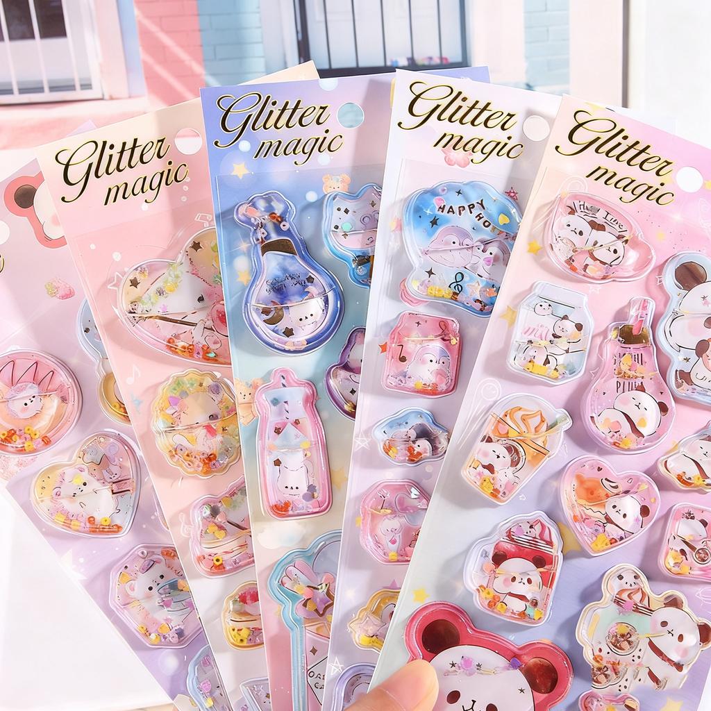 Mr. Paper 6-Style Cartoon 3D Shaker Stickers - Liquid-Filled Decals, Cute Journal Decor, Kindergarten Reward Stickers DIY Cups