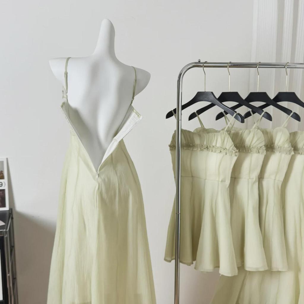 2025 Spring Slim Waist Long French Suspender Mesh Dress