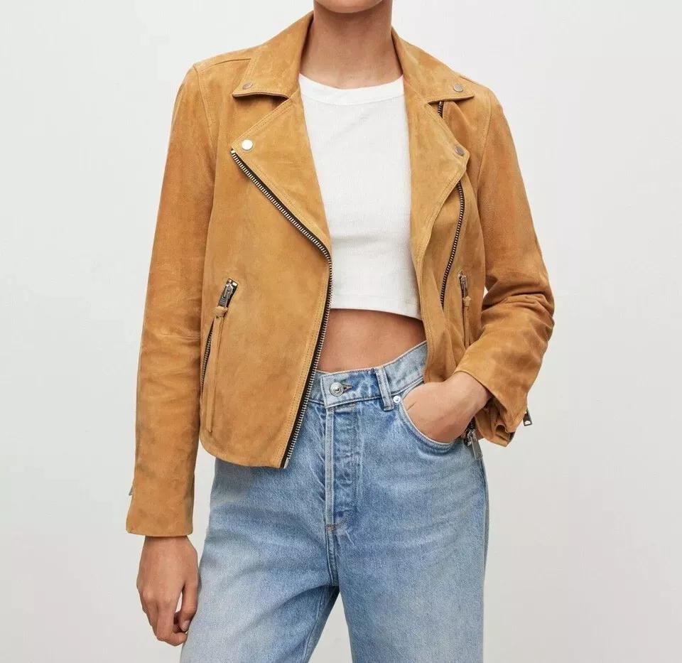 Damen Wildlederjacke in Hellbraun, handgefertigt, stylisches Biker-Motorrad-Design, lässig