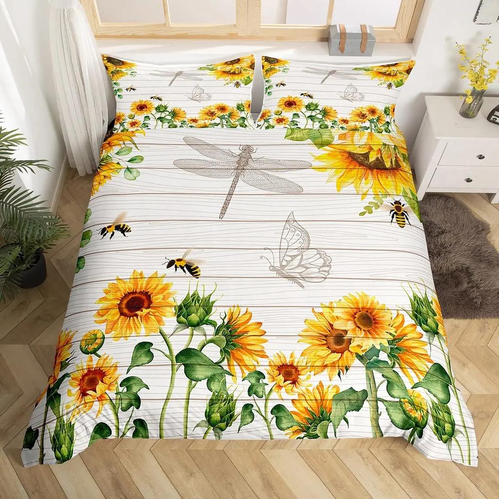 Bee And Butterfly Duvet Cover SetSpring Floral Bedding Sets For Boys GirlsColorful Flowers Country Style Comforter Cover Queen