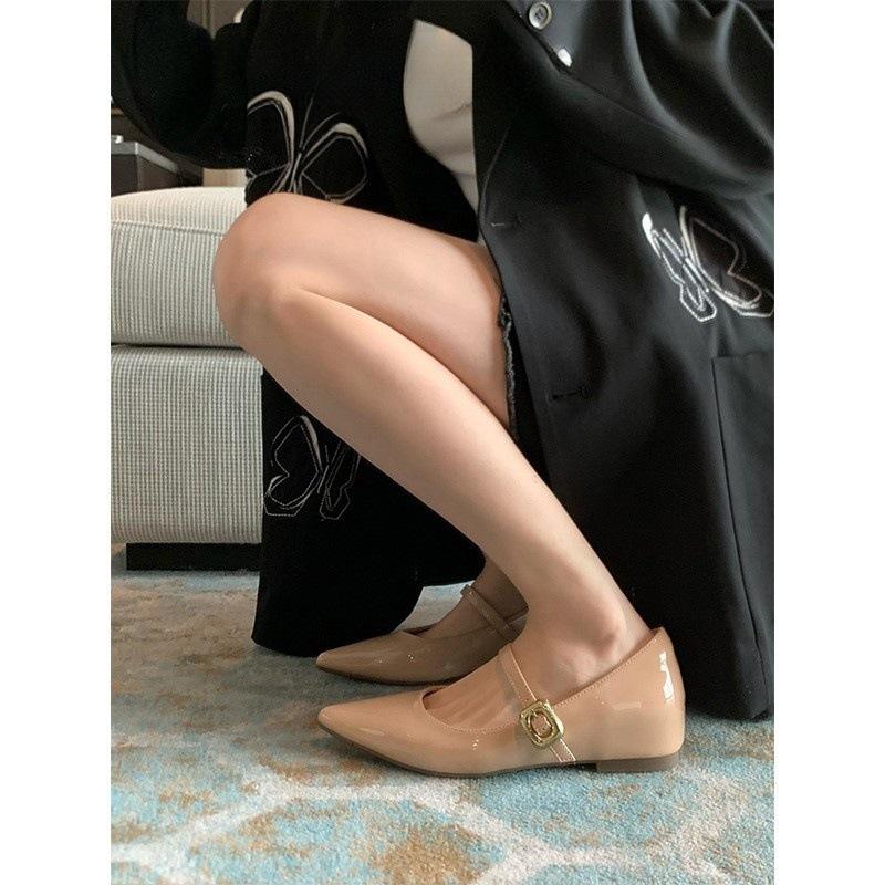 

Spring and Autumn pointed inner height increase shallow mouth shoes children s flat single shoes one-word buckle Mary Jane women s shoes 40 телесный