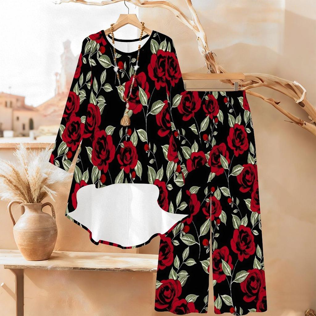 Floral Print Two Piece Outfit Women Long Sleeve Irregular Hem Tunic Top Wide Leg Pants Casual Matching Set