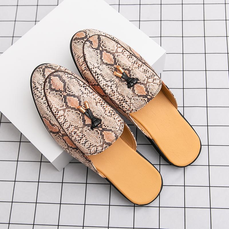 Fashion Men's Summer Snake Print Large Size Loafers Slip-On Mule Shoes Breathable Casual Leather Sandals Comfortable Flats Slippers