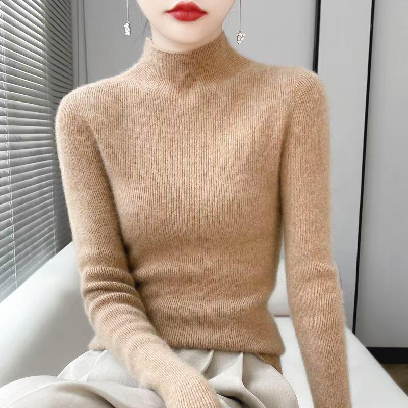 Women’s 2025 Autumn/Winter Pure Wool Sweater, Half-High Neck, Ribbed, Slim-Fit, Figure-Flattering with Cashmere Inner Layer