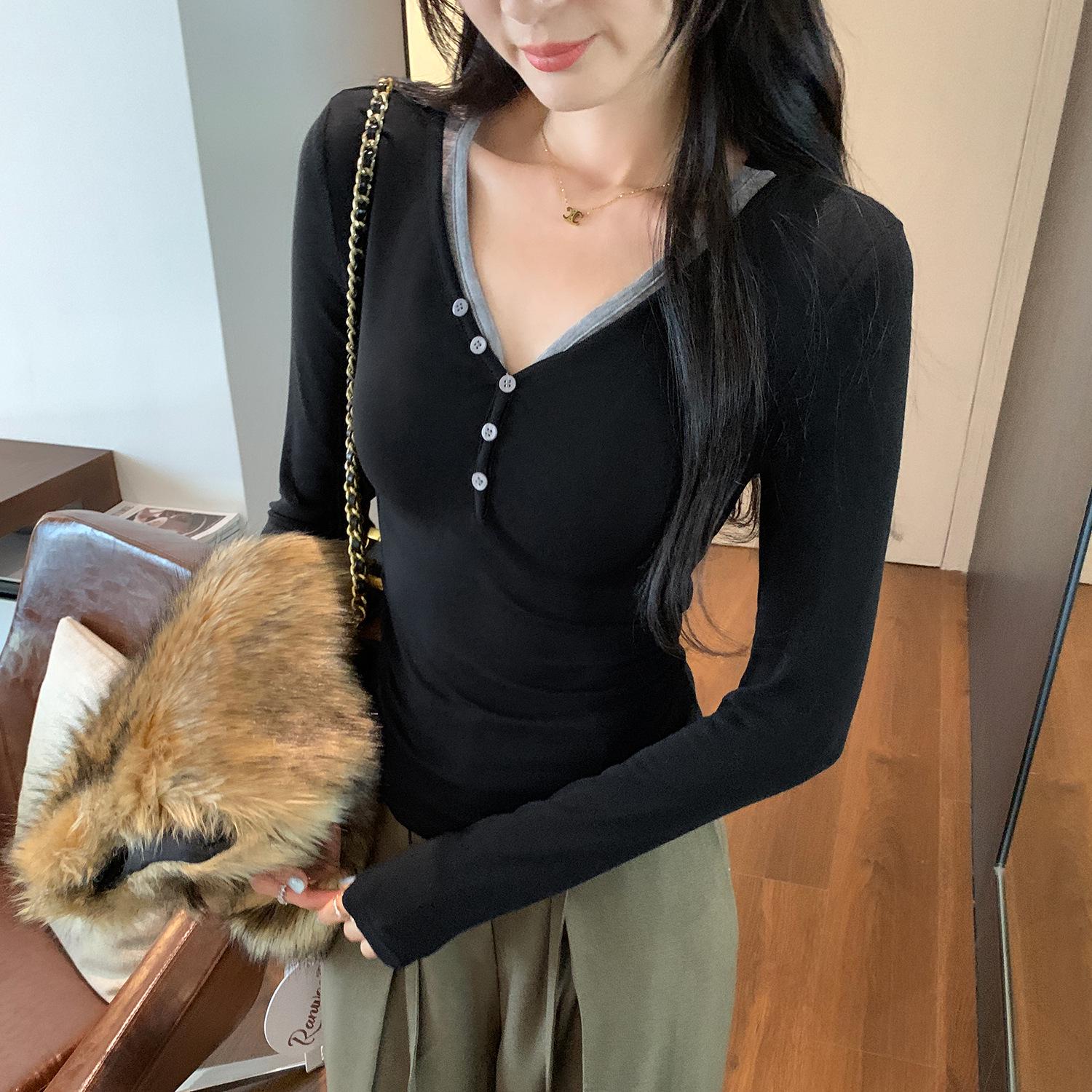 

V-Neck Color-Block Long-Sleeve Slim-Fit Base Shirt for Women – Autumn/Winter Style Medium чорний