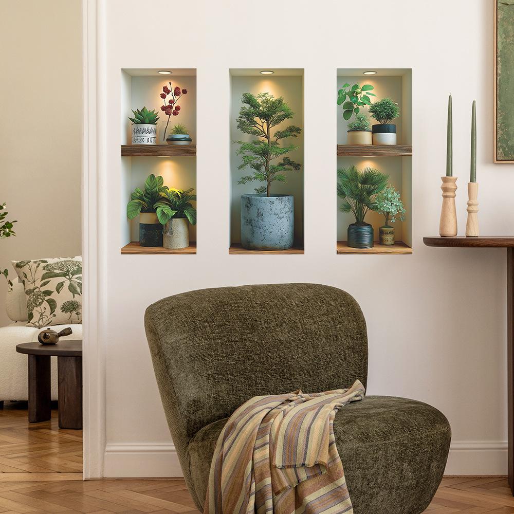 Artificial Green Plant Potted Plant Three-panel Painting, Background Beautification and Decorative Wall Stickers for Living Room and Dining Room