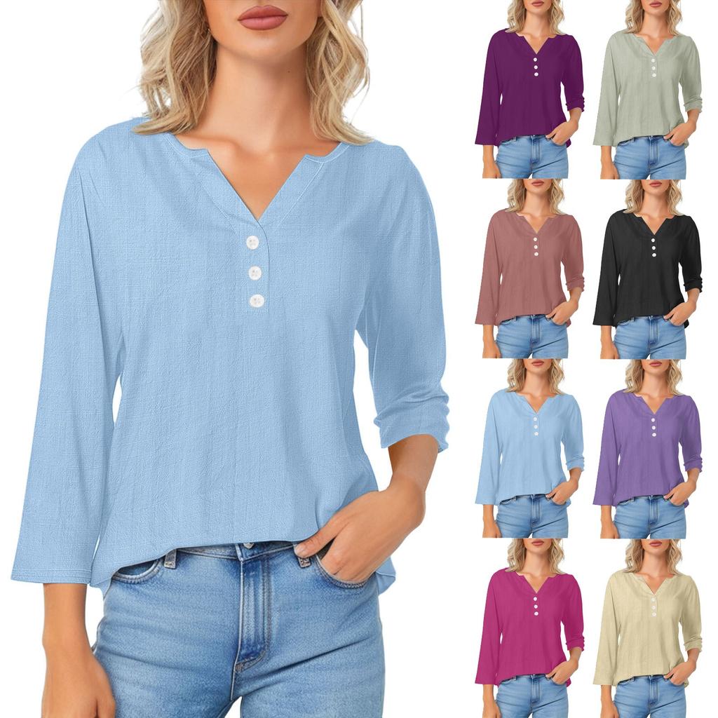 Women's Fashionable Casual Cotton V-Neck Button Three-Quarter Sleeve T-Shirt Top
