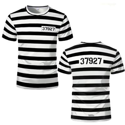 Neues Gefängnis-gestreiftes T-Shirt Schwarz Weiß Gefängnis-Thema Lustig Und Neu Kurzarm Für Männer Und Frauen Party Cosplay Kostüme