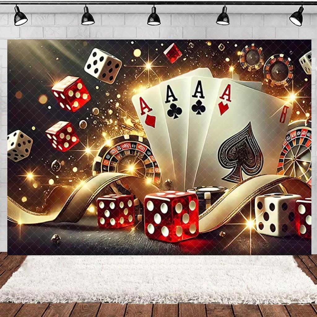 Casino Poker Chips Theme Birthday Party Decorations Playing Cards Money Golden Glitters Red Curtain BalloonS Cake Topper Banner