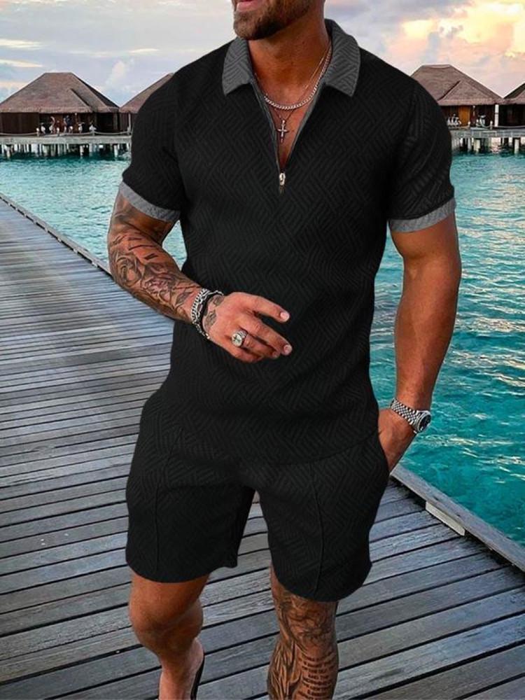 Herren Print Polohemd Set – Kragen Kurzarm Lässiger Pullover T-Shirt