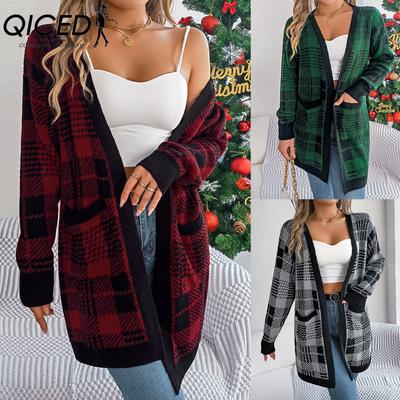 Herbst und Winter Lässiger Color-Blocking Karierter Taschen-Strickjacken-Pullover-Jacke für Weihnachten Damenbekleidung