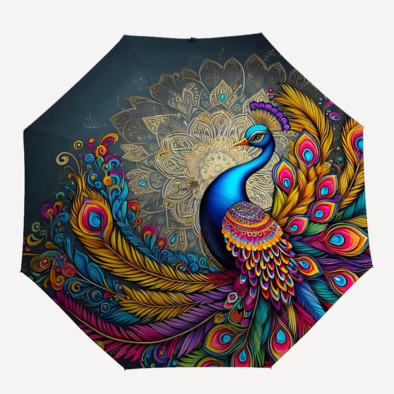 

1pc Peacock Feather Mandala Automatic Umbrella - 8-Rib Durable Frame, Portable Fashion Accessory & Holiday Gift yy251117153