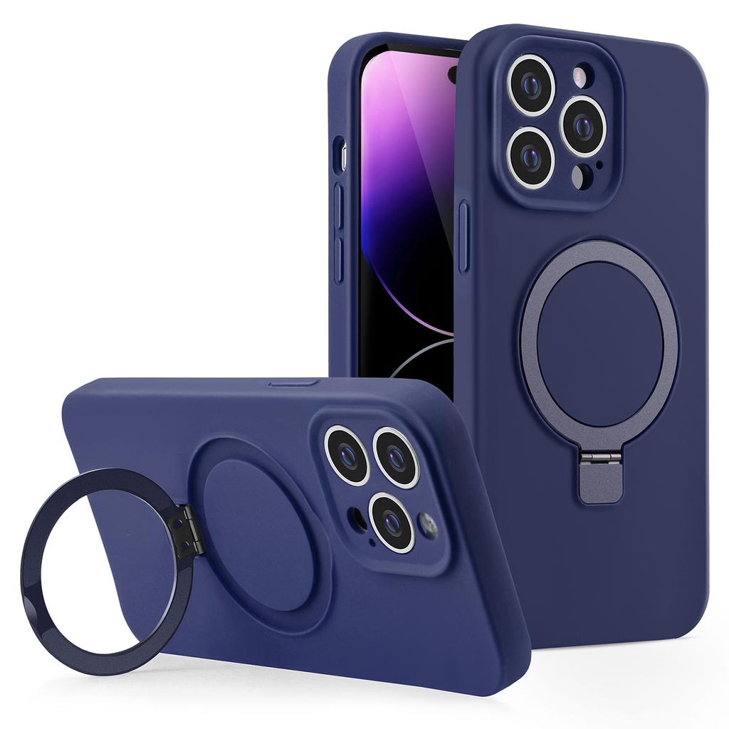 For iPhone 15 Pro Magnetic Case Liquid Silicone Phone Cover Built-In Kickstand Ring Holder